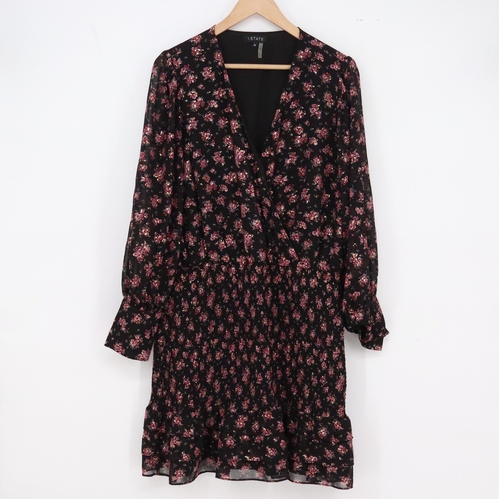 1.STATE Dress Womens XL 8161904 Black Pink Floral Smocked Metallic Excellent